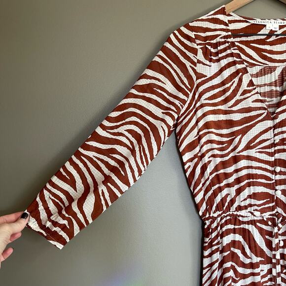 Veronica Beard Mallory Dress Rust Zebra Print Size XS Brown White Tassels Flowy‎ - Picture 8 of 16